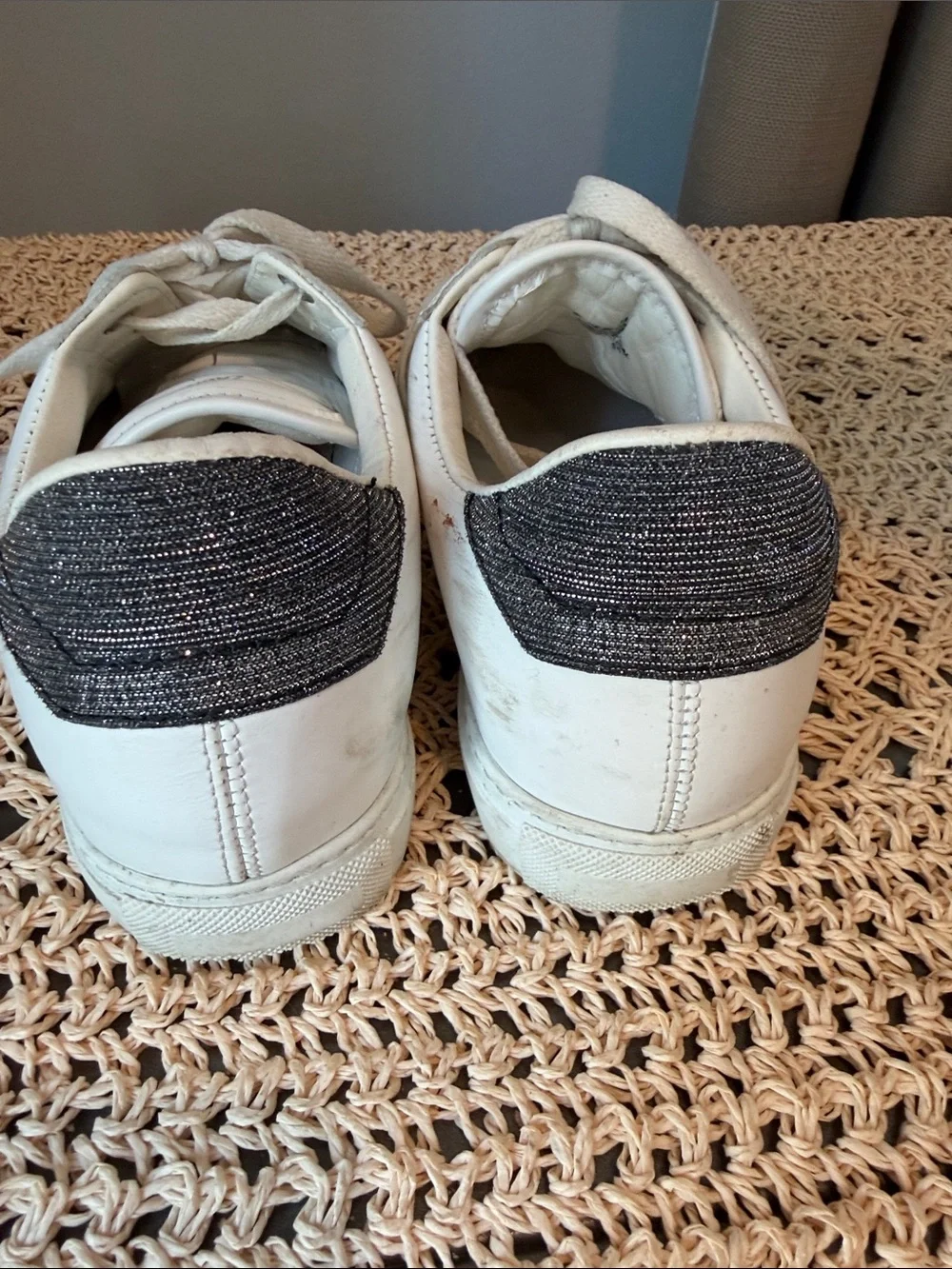 Zadig & Voltaire White Leather Sneakers with Black/Glittery Heel Tab
